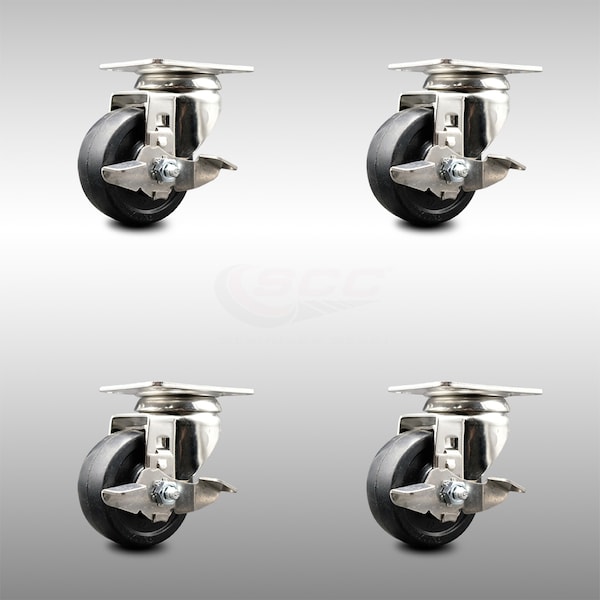 3 Inch 316SS Hard Rubber Wheel Swivel Top Plate Caster Set with Brake SCC